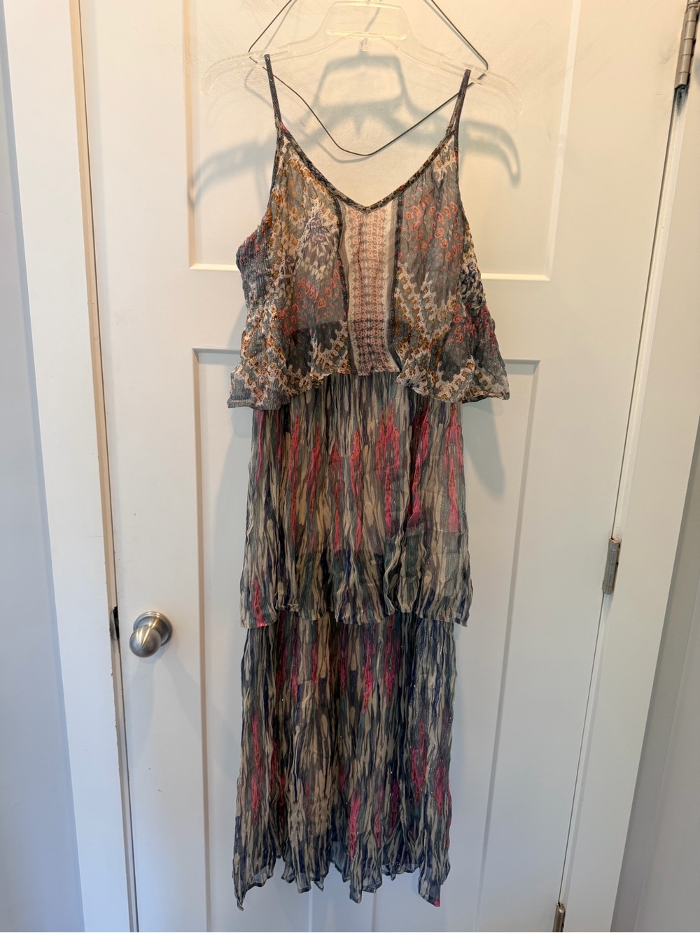 Anthropologie Meadow Rue 4 Boho Tiered Printed Maxi Dress Metallic anthropology